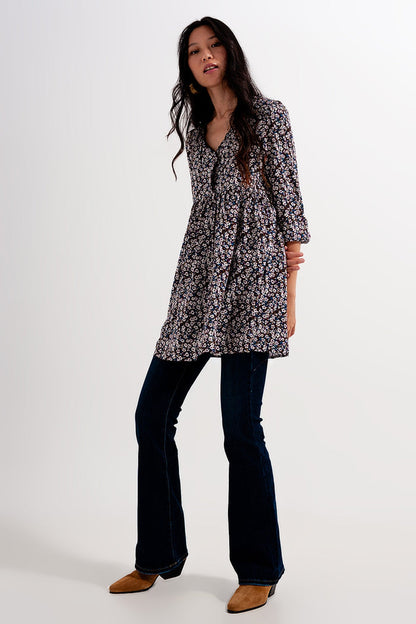 Button through mini dress in brown floral - dress