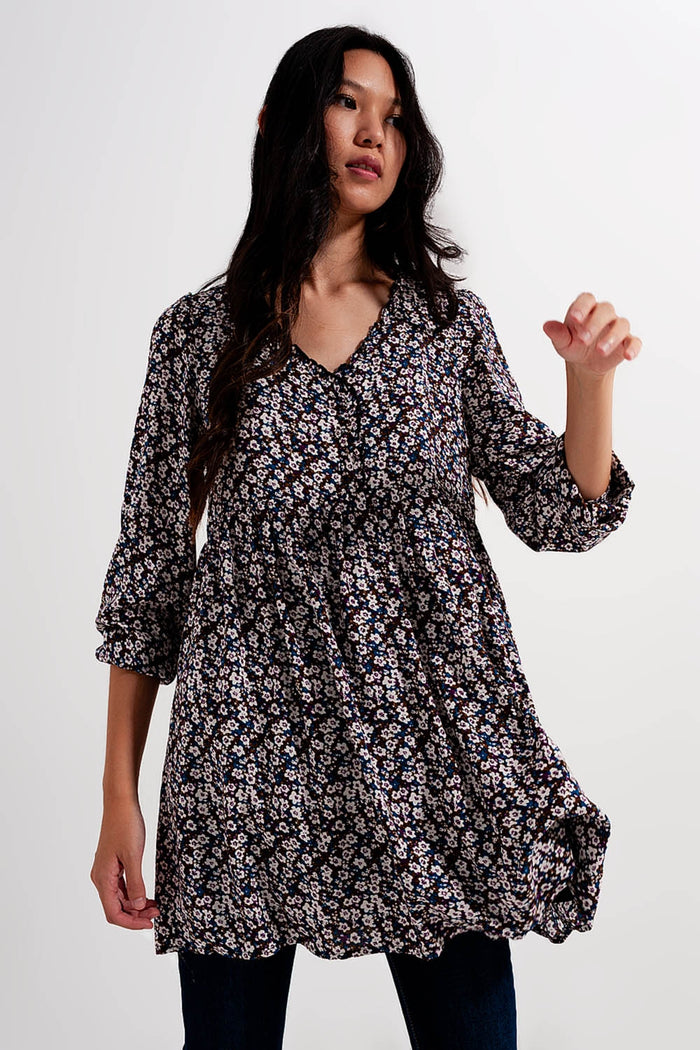 Button through mini dress in brown floral - dress