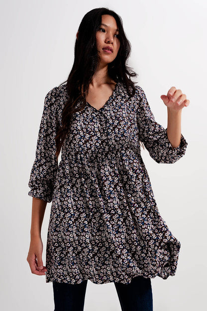 Button through mini dress in brown floral - dress