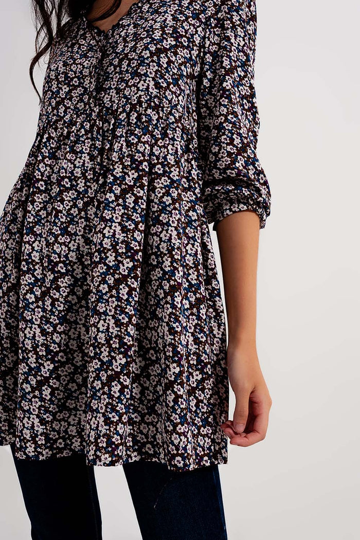 Button through mini dress in brown floral - dress