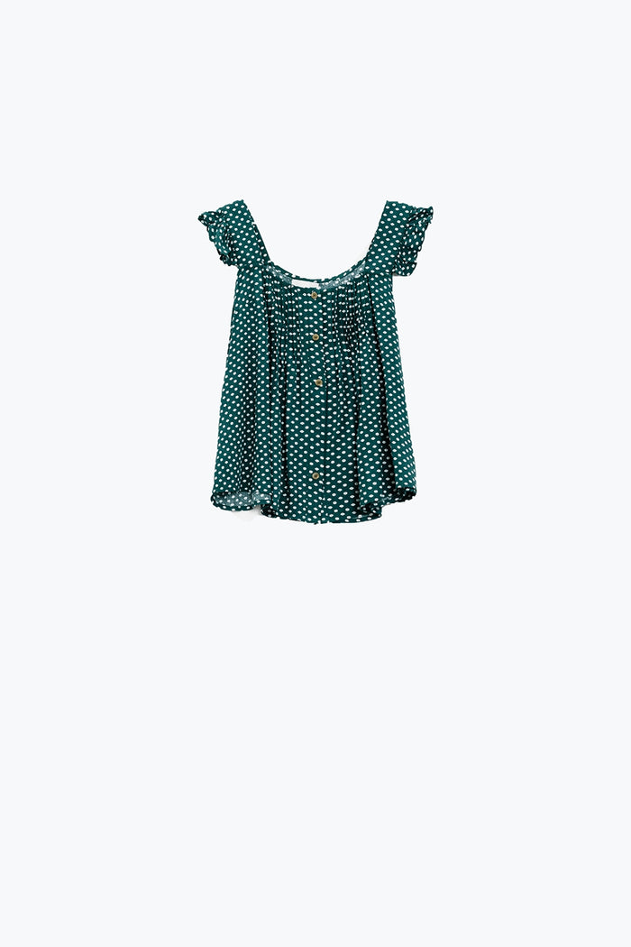 Button Up Blouse With Frilly Short Sleeves and Flower Print in Green