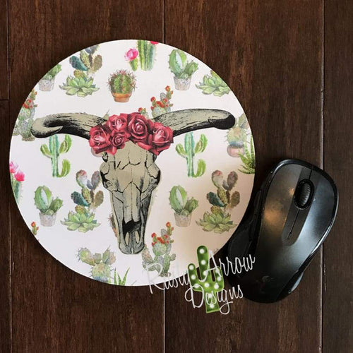 Cactus and Cowskull 8 Neoprene Round Mouse Pad - Mouse Pad