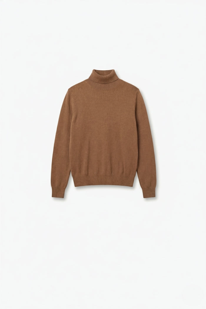 camel-colored turtleneck sweater in fine merino wool knit