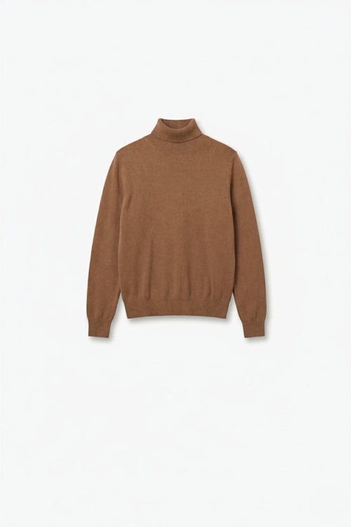 camel-colored turtleneck sweater in fine merino wool knit