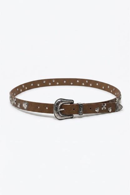 Camel Faux Leather Western Buckle Silver Stud Trim Belt