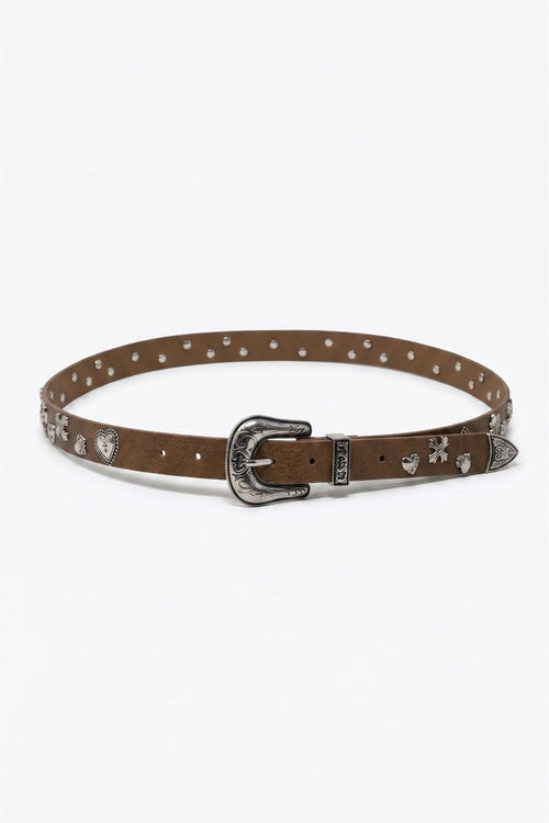 Camel Faux Leather Western Buckle Silver Stud Trim Belt