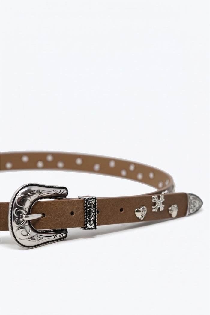Camel Faux Leather Western Buckle Silver Stud Trim Belt