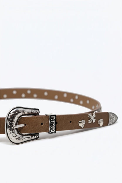 Camel Faux Leather Western Buckle Silver Stud Trim Belt