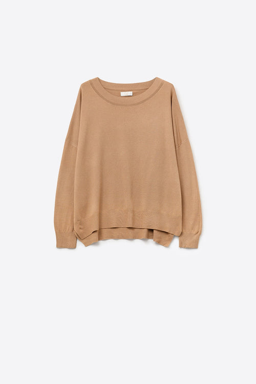 Camel knit sweater with mesh collar detail