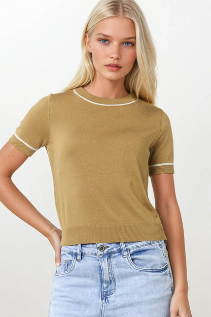 Camel Short Sleeve Knit Top with White Contrast Trims