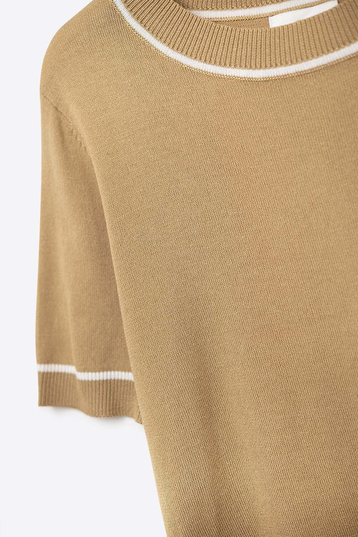 Camel Short Sleeve Knit Top with White Contrast Trims