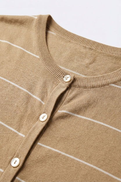 Camel Striped Short Sleeve Button-Up Cardigan
