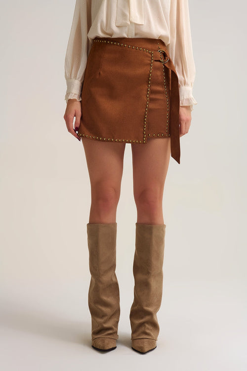 Camel Studded Wrap Mini Skirt with Belt Detail
