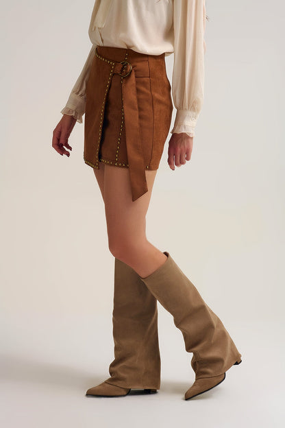 Camel Studded Wrap Mini Skirt with Belt Detail