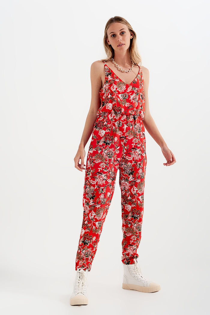 Cami strap jumpsuit in red floral print