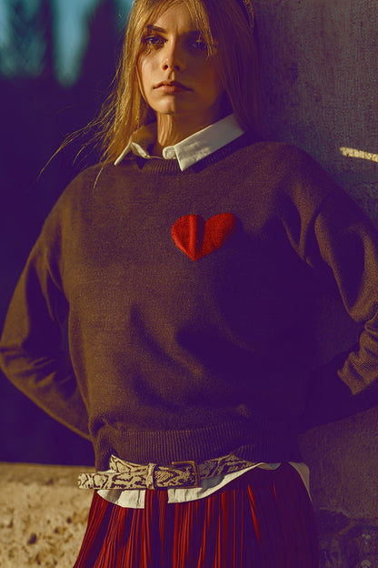 carbon grey sweater with red heart detail