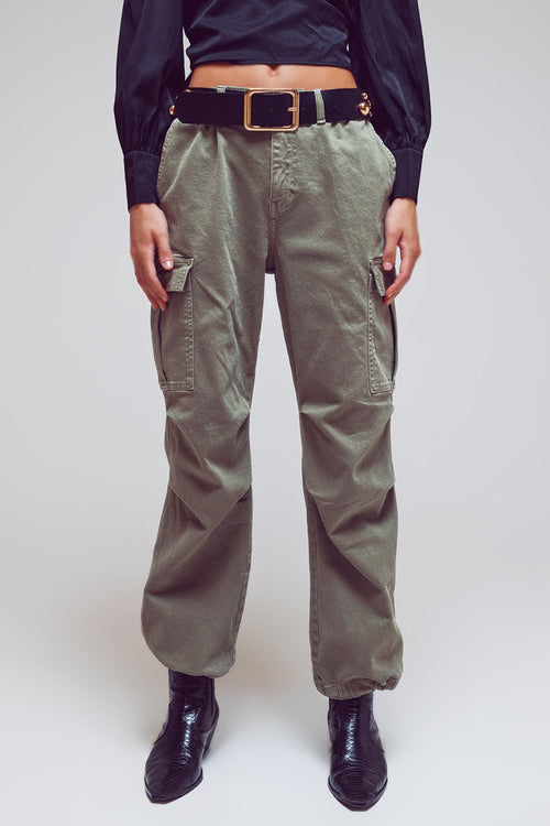Cargo Pants with Tassel ends in Military Green - Coloured Jeans