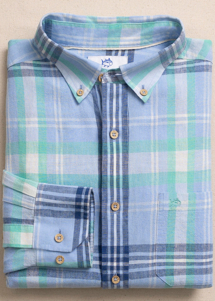 spring button down Cedar Island Plaid Linen Rayon Tide Blue Sport Shirt by Southern Tide