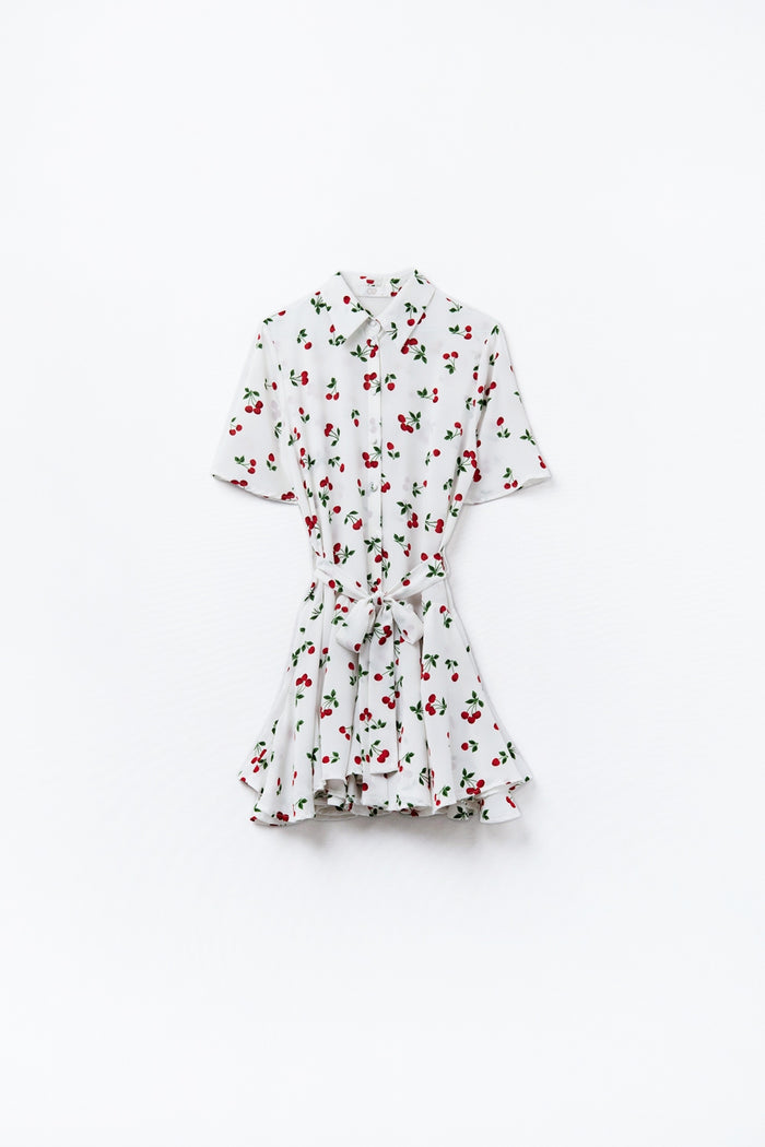 Cherry Print Short Shirt Dress - dress