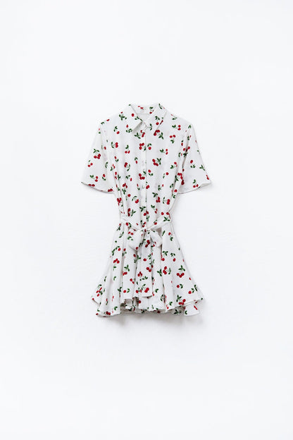 Cherry Print Short Shirt Dress - dress
