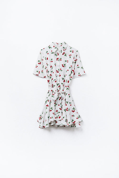 Cherry Print Short Shirt Dress - dress