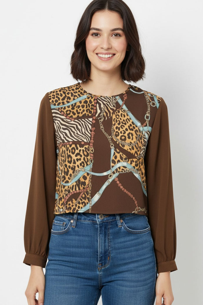 Chic brown Cropped Top with Abstract Print