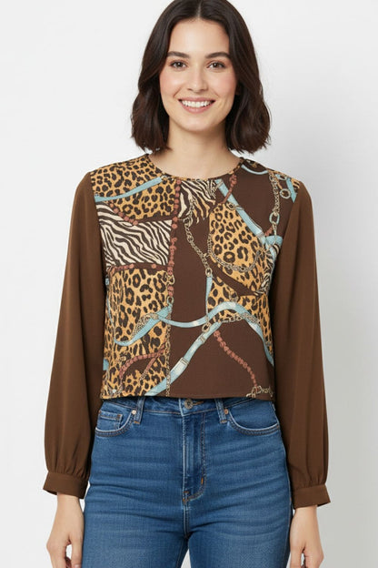 Chic brown Cropped Top with Abstract Print