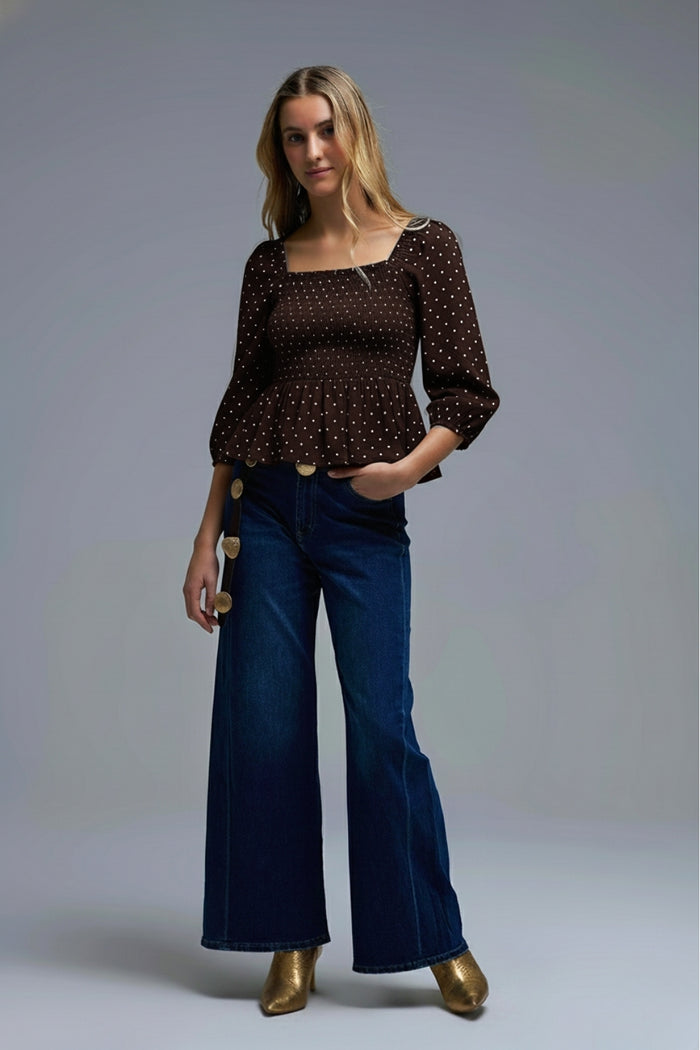 Chic Brown Polka-Dot Cropped Top fitted at the waist