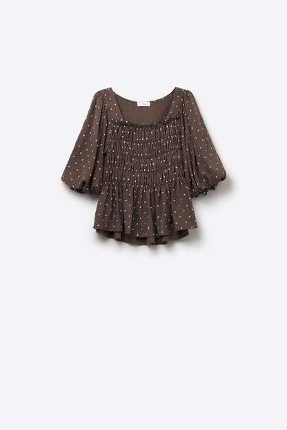 Chic Brown Polka-Dot Cropped Top fitted at the waist