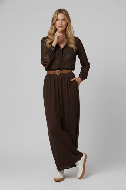 Chic Brown Sheer Polka Dot Pants with side pockets - trousers