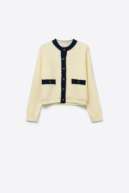 Chic Cream Cardigan with Navy denim Detailing