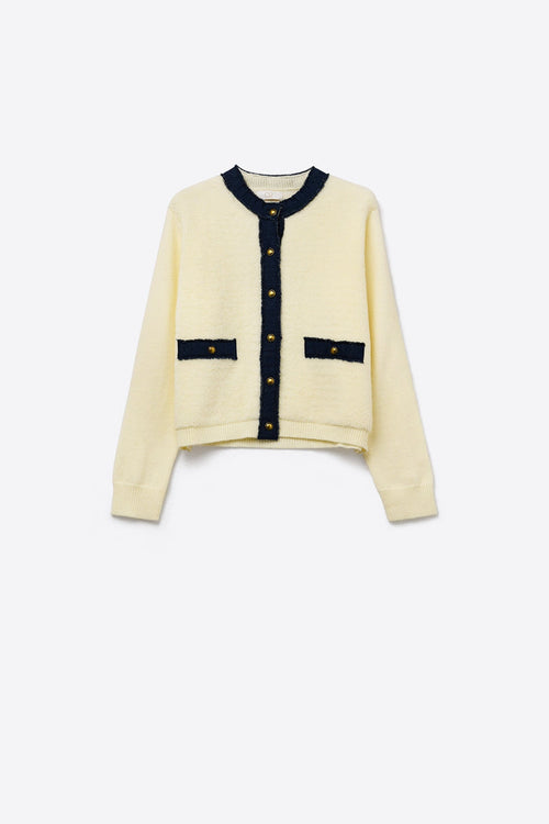 Chic Cream Cardigan with Navy denim Detailing