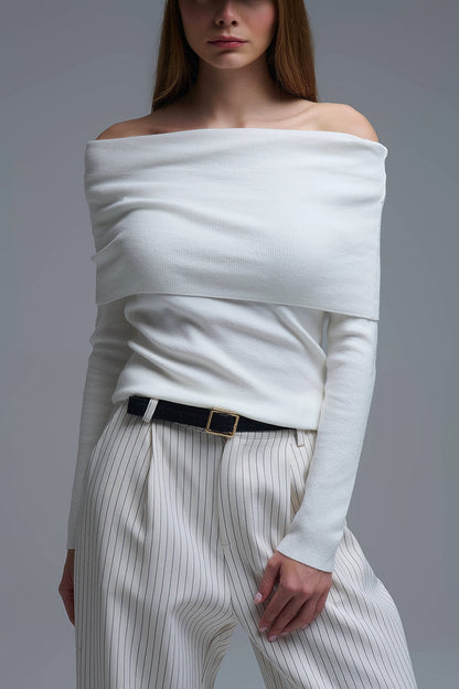 Chic Off-Shoulder boat neck Knit Top in white