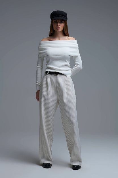Chic Off-Shoulder boat neck Knit Top in white