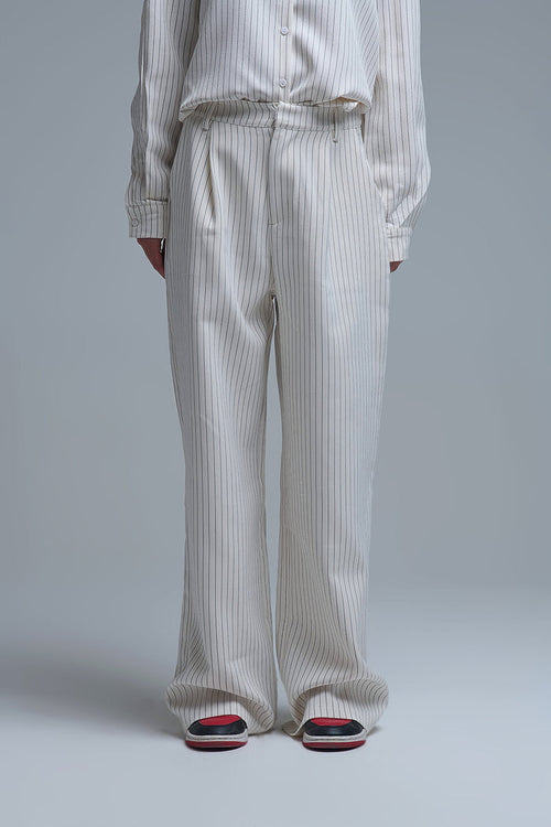 Chic Pinstripe Cream Wide-Leg Pants with Lined Fit - trousers