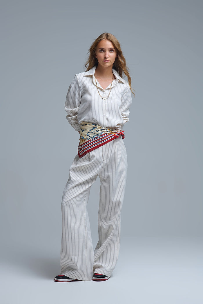 Chic Pinstripe Cream Wide-Leg Pants with Lined Fit - trousers