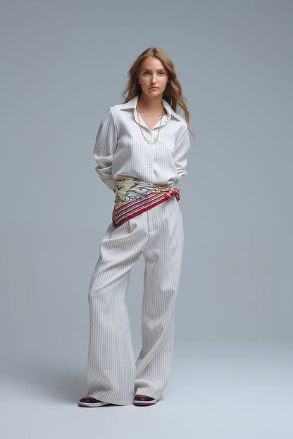 Chic Pinstripe Cream Wide-Leg Pants with Lined Fit - trousers