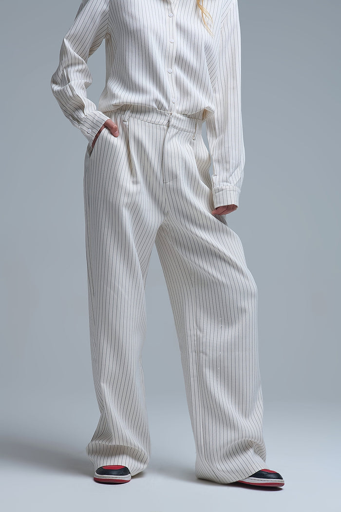 Chic Pinstripe Cream Wide-Leg Pants with Lined Fit - trousers