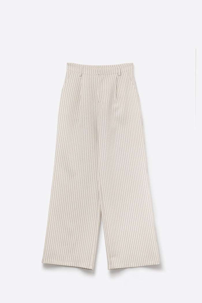 Chic Pinstripe Cream Wide-Leg Pants with Lined Fit - trousers