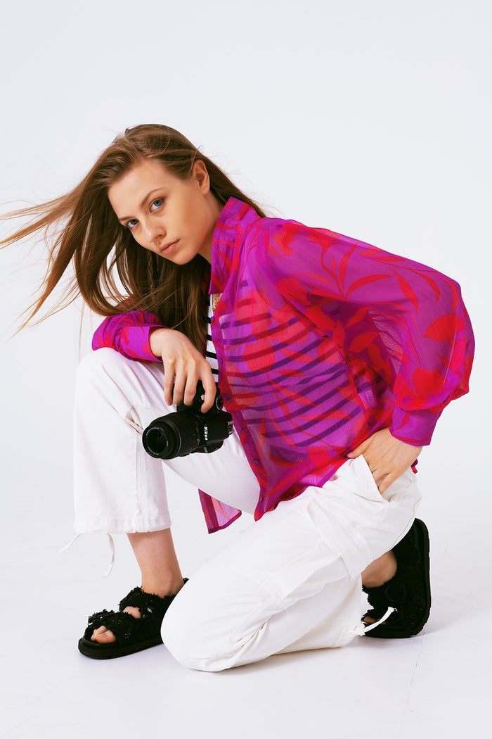 chiffon floral print blouse in fuchsia - Shirts