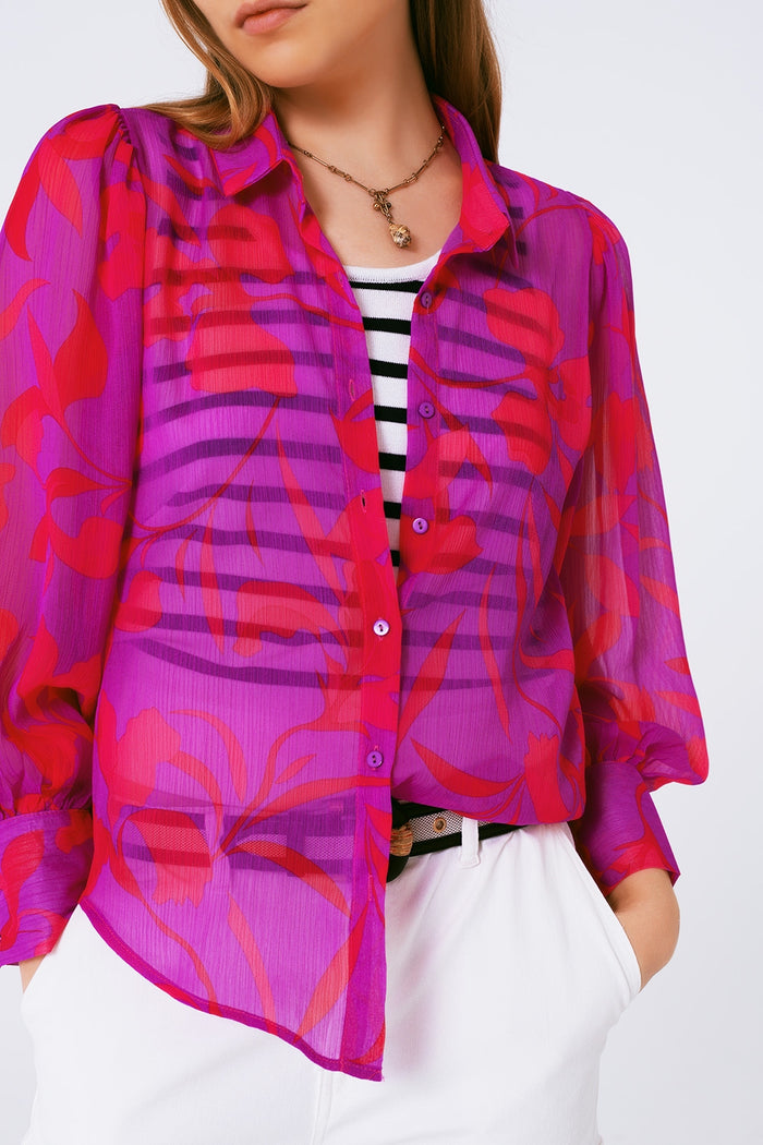 chiffon floral print blouse in fuchsia - Shirts