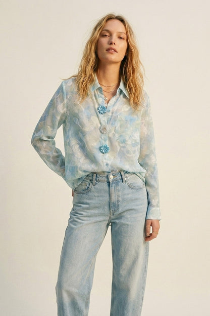 chiffon Lightweight Floral Print Button-Up Shirt in light blue - Shirts