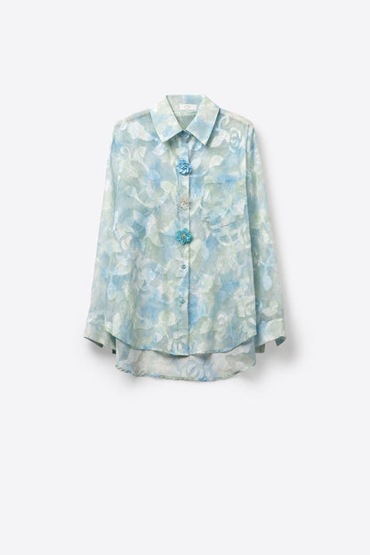 chiffon Lightweight Floral Print Button-Up Shirt in light blue - Shirts