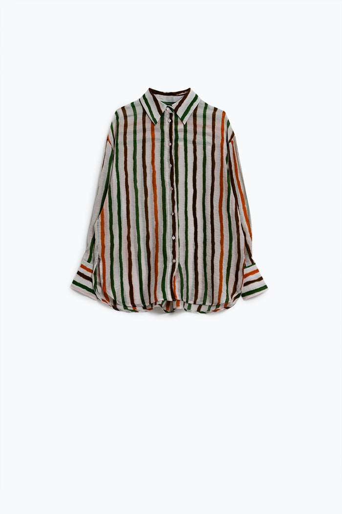 chiffon long sleeve shirt with multicolor stripes green and brown - Shirts