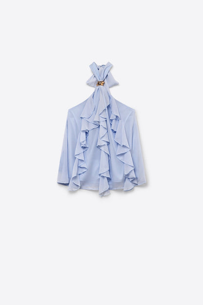 Chiffon Ruffle Halter Neck Top in Light Blue
