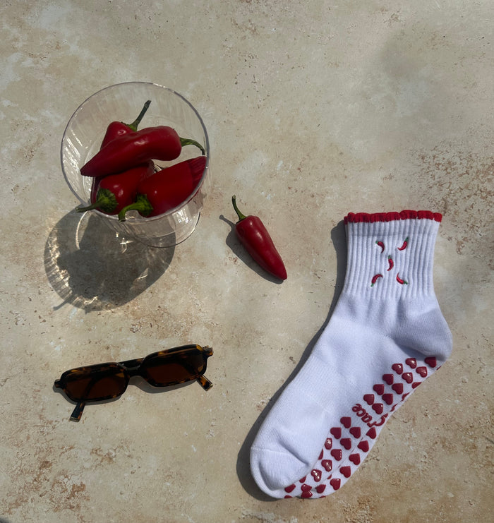 Red yoga heart socks