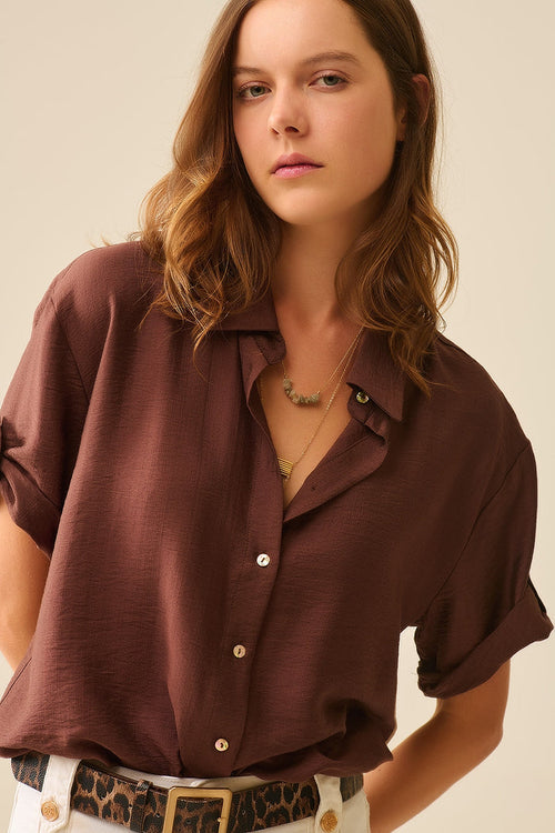Chocolate Brown shirt with short sleeves and pleat on the sleeve - Shirts