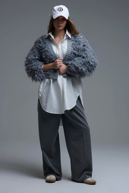 Chunky Shag Style Fluffy Knitted Cardigan in Grey