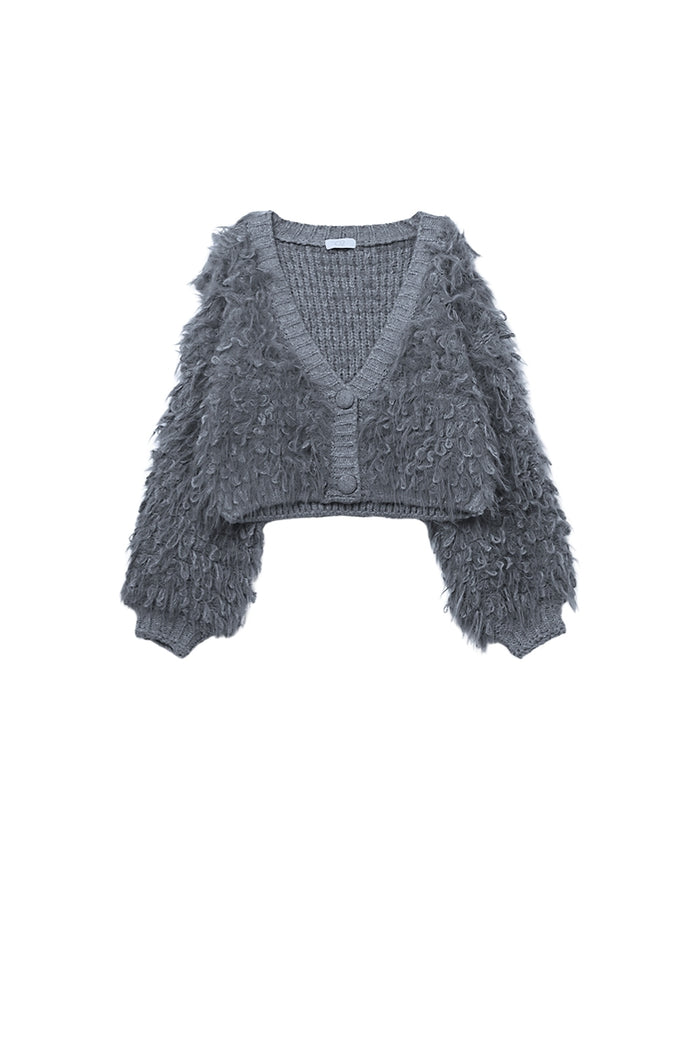 Chunky Shag Style Fluffy Knitted Cardigan in Grey