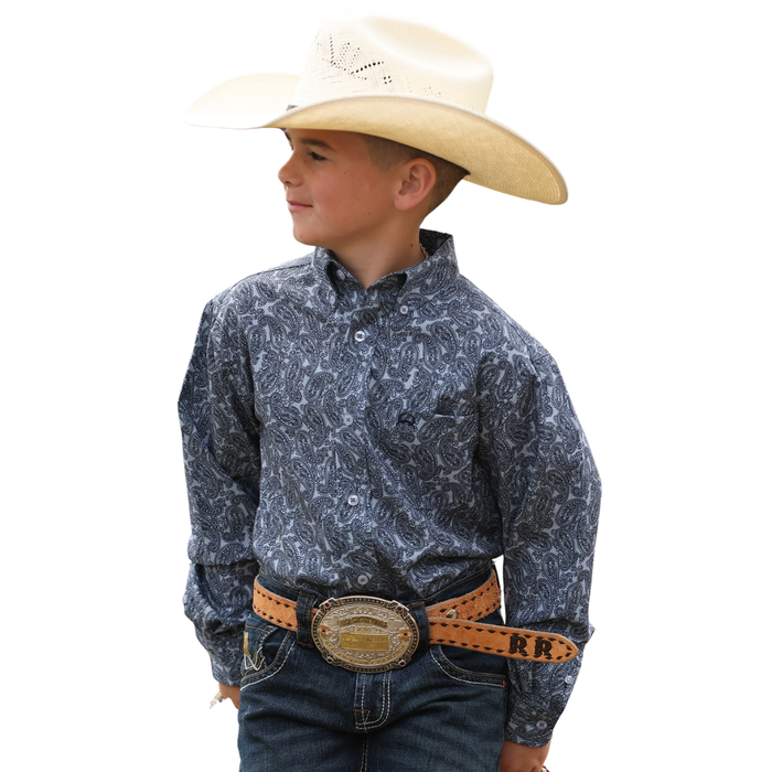 Cinch Youth Boy's L/S Arenaflex Paisley Print Western Button Down Shirt in Light Blue